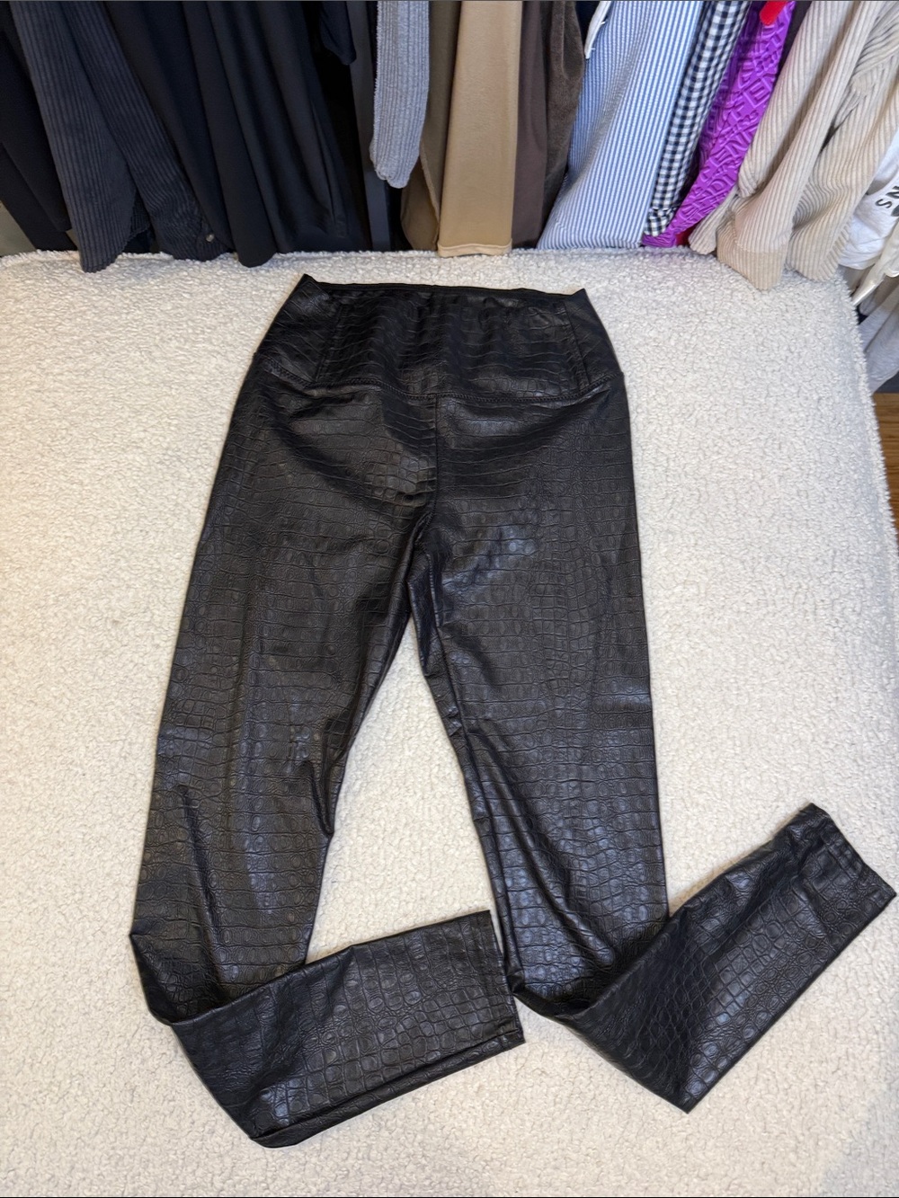 7 For All Mankind Black Croc-Embossed Faux Leather Leggings